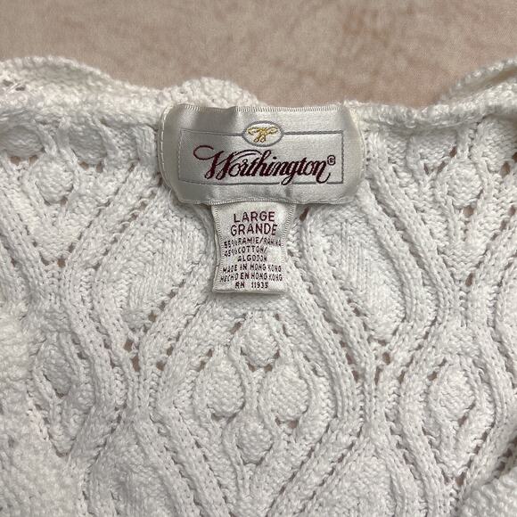 Vintage 90s Worthington Crochet Knit Sleeveless Cardigan White Button Up Cottage - Picture 3 of 6